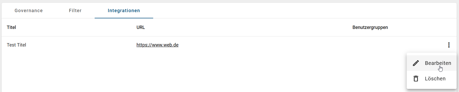 Der Screenshot zeigt die Schaltfläche "Bearbeiten", mit der Sie eine Integration bearbeiten können.