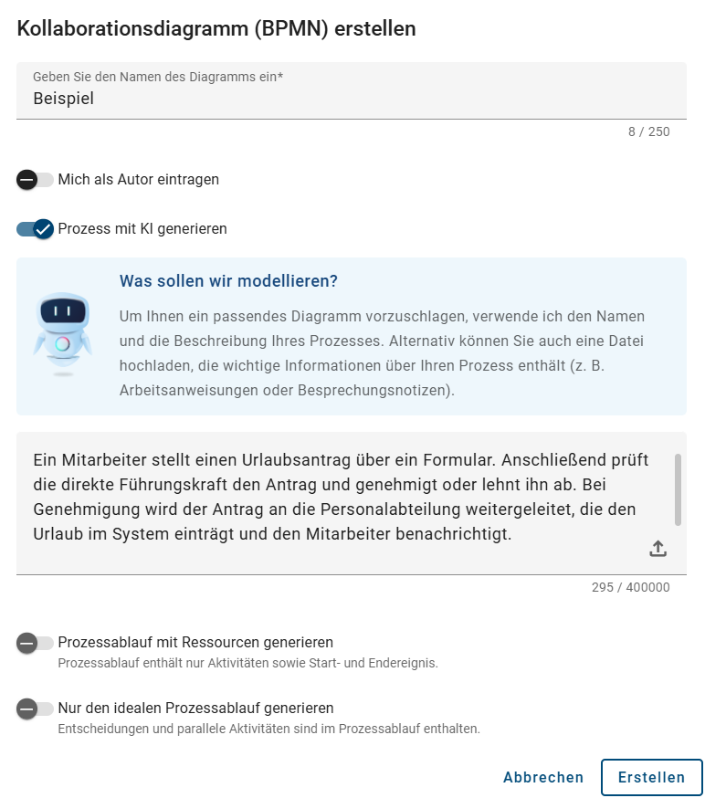 Der Screenshot zeigt die Möglichkeit, Ihren Prozess zu beschreiben, damit Arty ein Diagramm basierend auf Ihren Anforderungen erstellen kann.