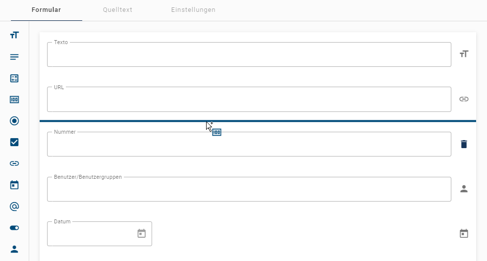 Der hier aufgeführte Screenshot zeigt wie ein neues Formularfeld der Liste durch Drag & Drop hinzugefügt wird.