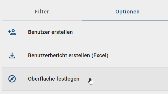Der Screenshot zeigt die Option "Oberfläche festlegen" im Reiter "Optionen" in der Administration.