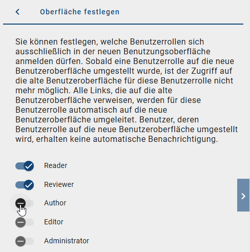 Der Screenshot zeigt alle Benutzerrollen mit einem Umlegeschalter für die ausschließliche Nutzung der neuen Benutzeroberfläche.
