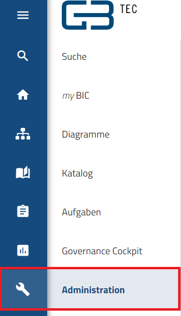 Der Screenshot zeigt den Eintrag Administration im Hauptmenü.