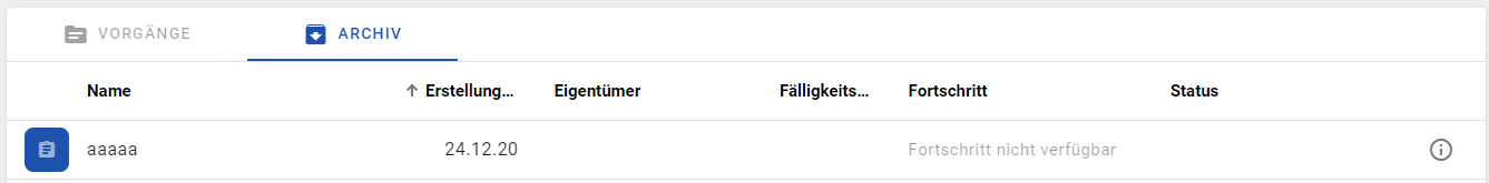 Der Screenshot zeigt das Archiv der Vorgangsliste.