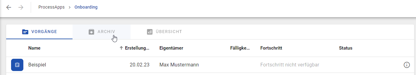 Der Screenshot zeigt den Reiter "Archiv" für die Vorgangsliste eines Prozesses.
