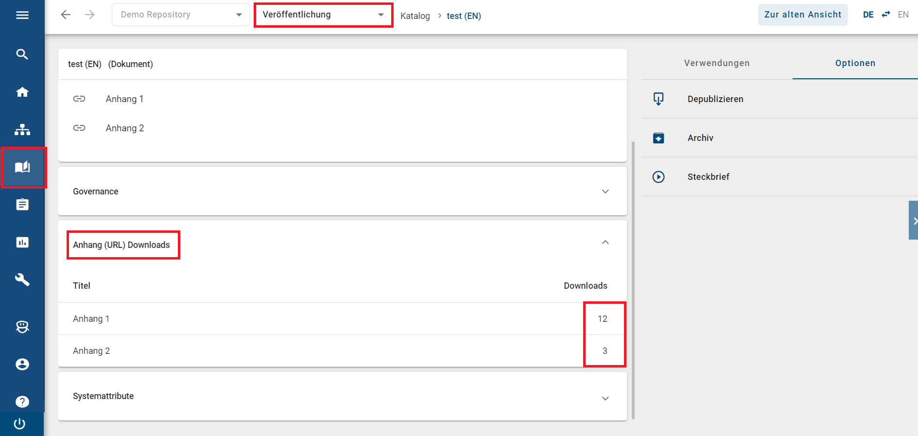 Der Screenshot zeigt wo angezeigt wird wie oft ein Anhang heruntergeladen worden ist.