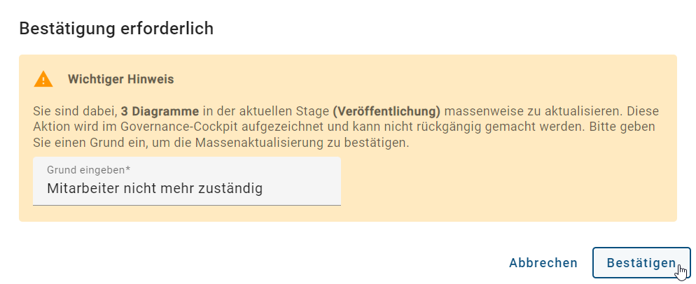 Der Screenshot zeigt das Bestätigungsfenster für die Aktualisierung der Massenbearbeitung.