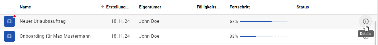 Hier ist die Funktion "Details" an einem Vorgangseintrag dargestellt.