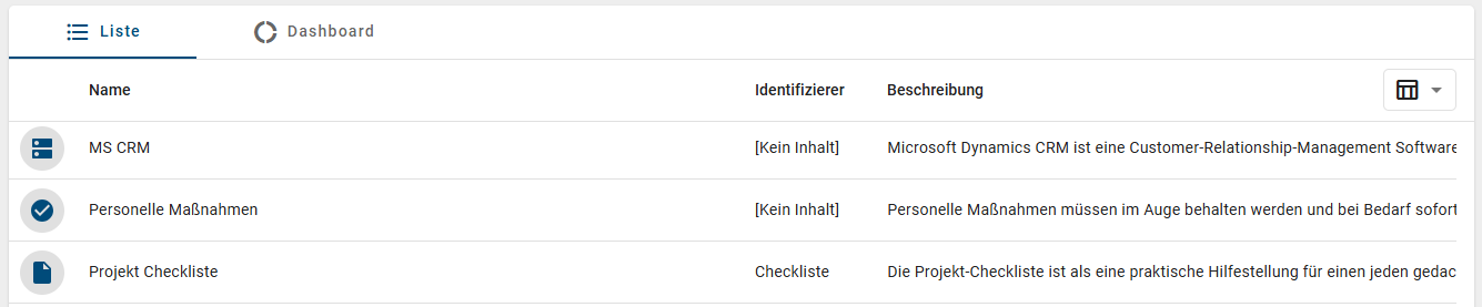 Der Screenshot zeigt die tabellarische Übersicht über die ausgewählten Attribute der Katalogeinträge.