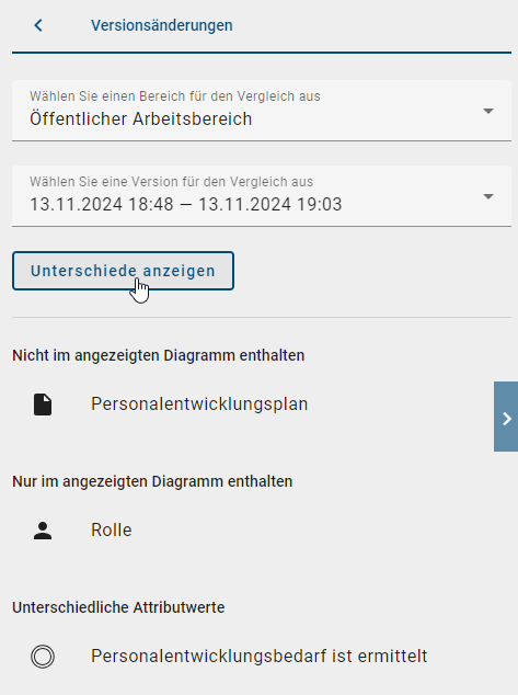 Der Screenshot zeigt die Liste der Änderungen mit hinzugefügten, entfernten und geänderten Objekten im Vergleich zur vorherigen Version.