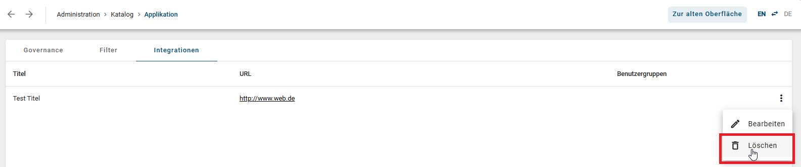 Der Screenshot zeigt die Schaltfläche "Löschen", mit der Sie eine Integration entfernen können.