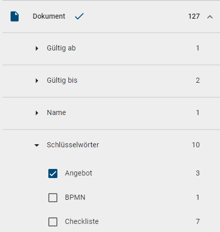 Der Screenshot zeigt die Filtereinstellung der Facette im Katalog.