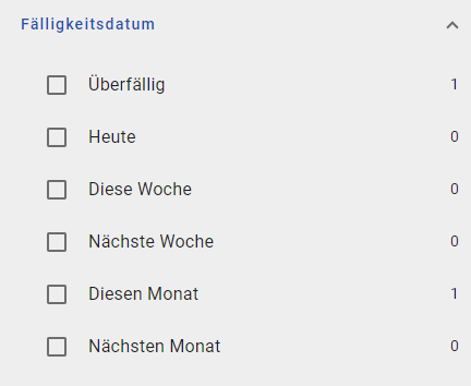 Der Screenshot zeigt die Filteroption nach Fälligkeitsdatum.