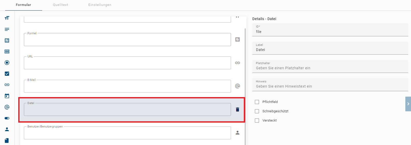 Dieser Screenshot zeigt die Detailübersicht des Formularfelds "Anlage".