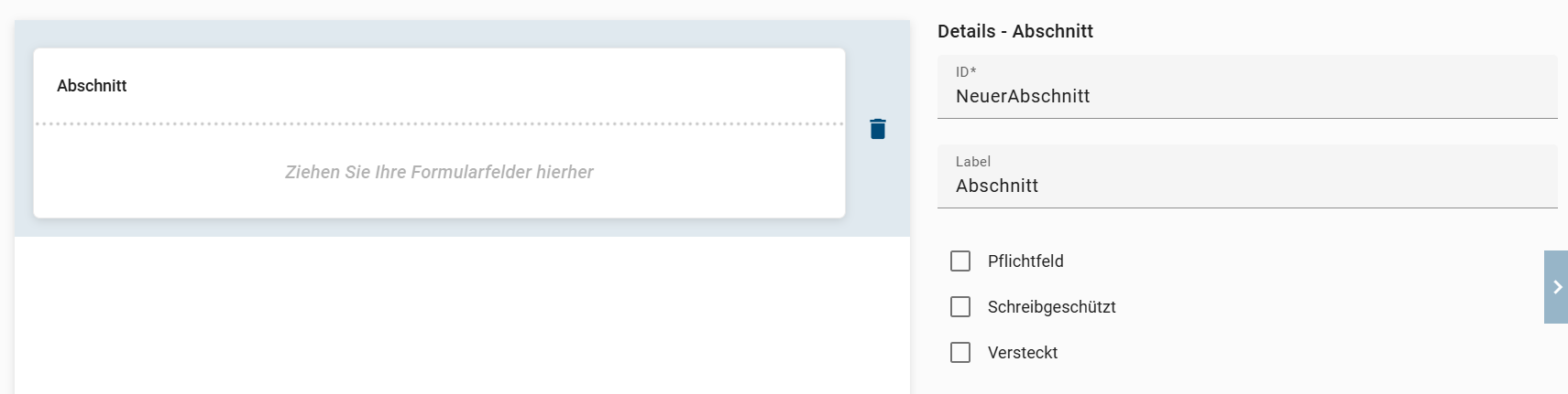 Der Screenshot zeigt die Detailübersicht des Formularfelds "Abschnitt".