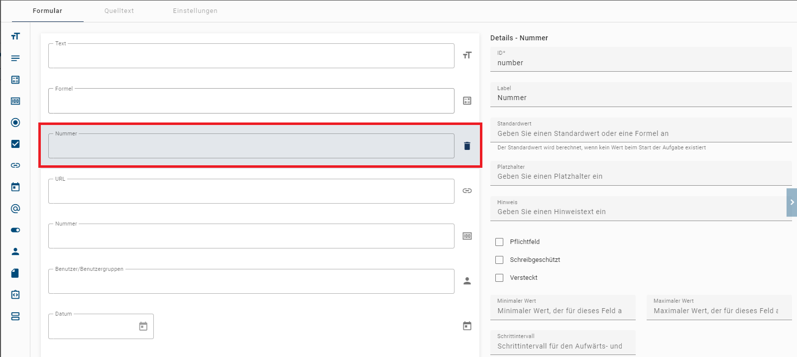Der hier aufgeführte Screenshot zeigt die Detailübersicht des Formularfelds Nummer.