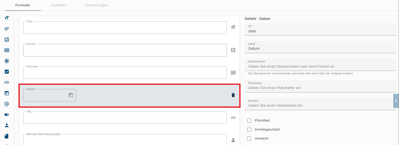 Der hier aufgeführte Screenshot zeigt die Detailübersicht des Formularfelds Datum.