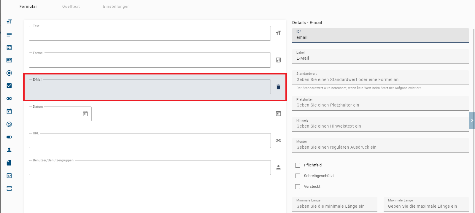 Der hier aufgeführte Screenshot zeigt die Detailübersicht des Formularfelds E-Mail.