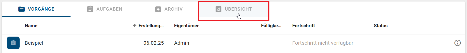 Der Screenshot zeigt die Tabs in der Vorgangsliste einer ProcessApp.