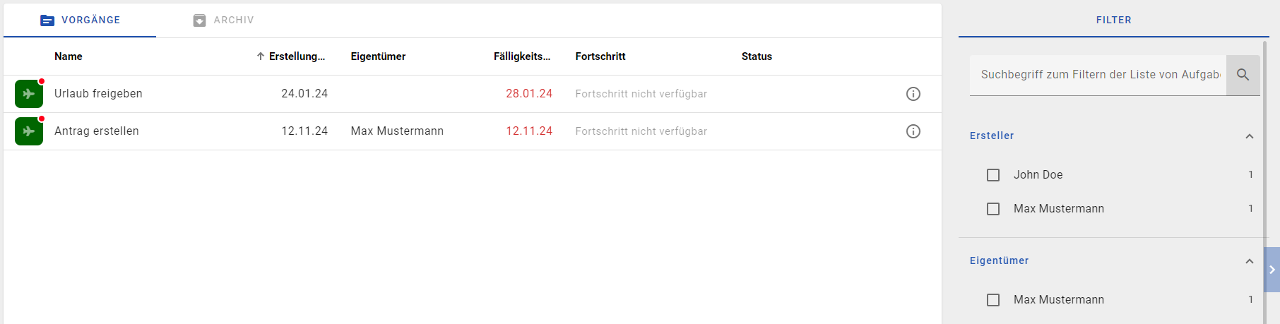 Der Screenshot zeigt Ihnen den Bereich "Meine Vorgänge".