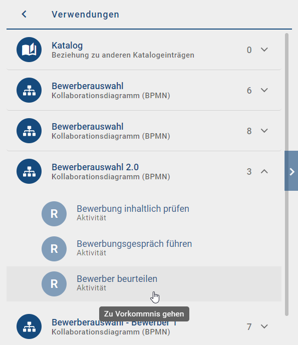 Der Screenshot zeigt die Schaltfläche "Verwendungen" in der Detailleiste.