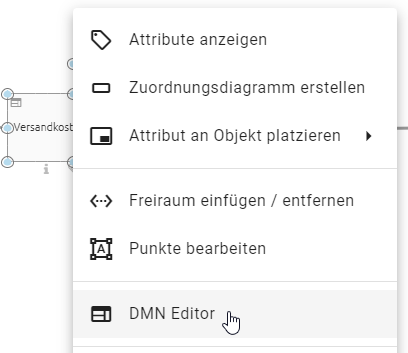 Der Screenshot zeigt die Schaltfläche "DMN Editor" im Kontextmenü einer Entscheidung beim Modellieren.