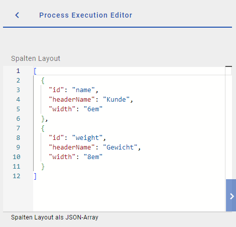 Der Screenshot zeigt den "ProcessApp Quick Editor" mit dem Spaltenlayout.