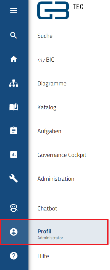 Der Screenshot zeigt die Option "Profil" im Menü.