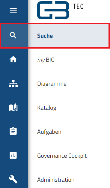 Der Screenshot zeigt das Seitenmenü von BIC Process Design.