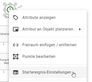 Der Screenshot zeigt das Kontextmenü eines Startereignisses vom Typ "Zeit". Die Option "Öffne Startereignis-Einstellungen" ist hier verfügbar.