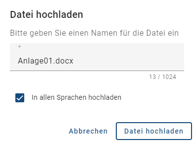 Der Screenshot zeigt das Eingabefeld für den Namen der Anlage und die Option "Datei hochladen".