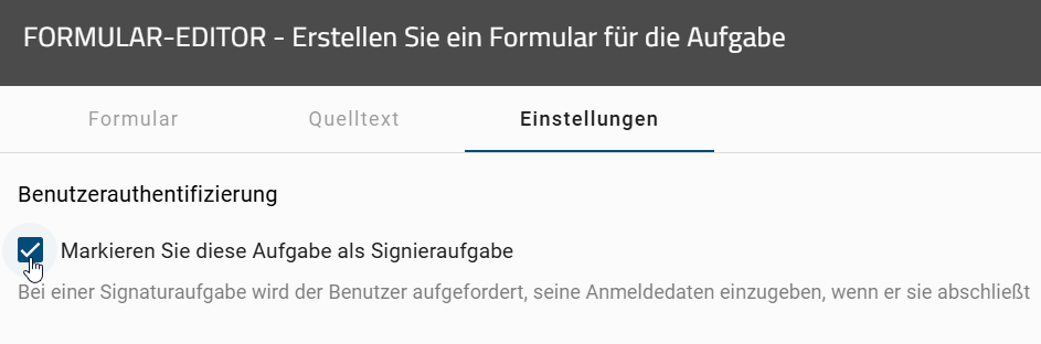 Dieser Screenshot zeigt die Registerkarte Einstellungen des Formular-Editors.
