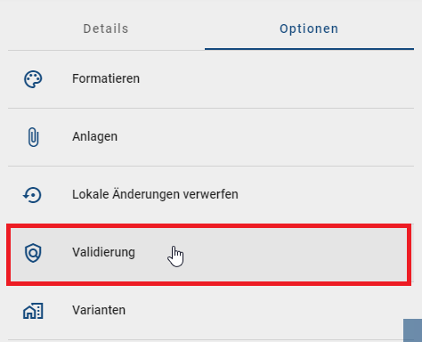 Der Screenshot zeigt das Symbol "Validierung" in der Menüleiste.