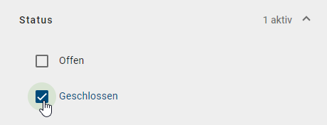 In diesem Screenshot wird der Filter "Status", in dem die Option "Geschlossen" ausgewählt wurde, verdeutlicht.