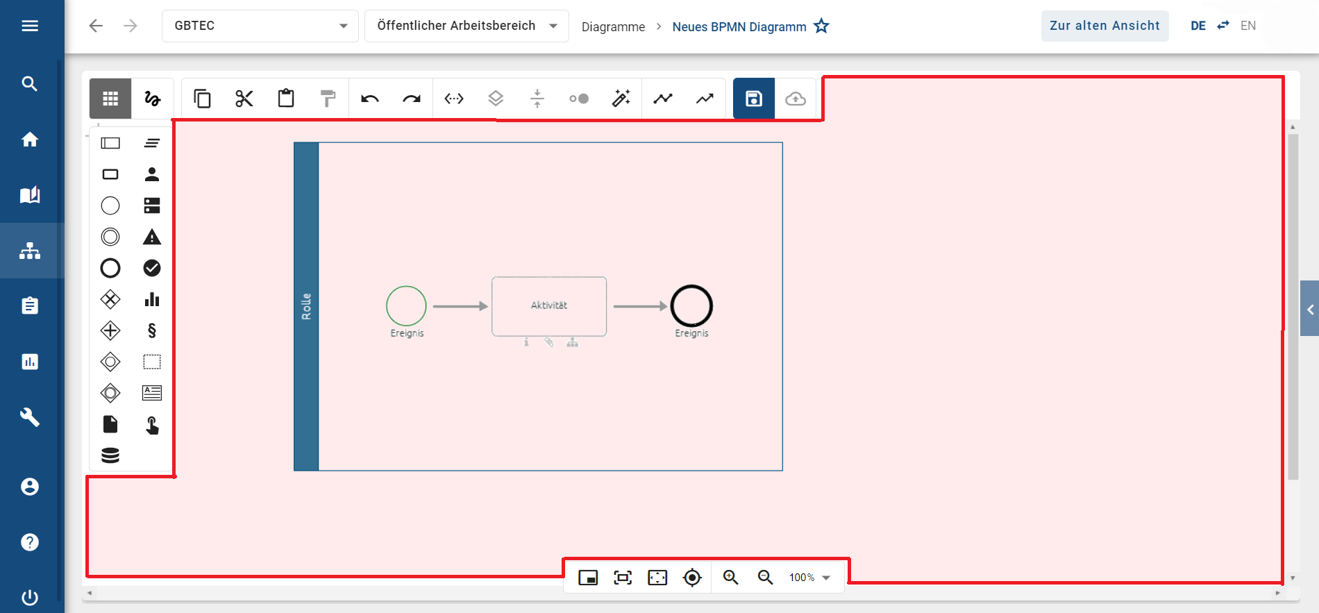 Dieser Screenshot zeigt die verschiedenen Zoom-Bereiche Explorer bzw. Menüleiste und Diagramm.