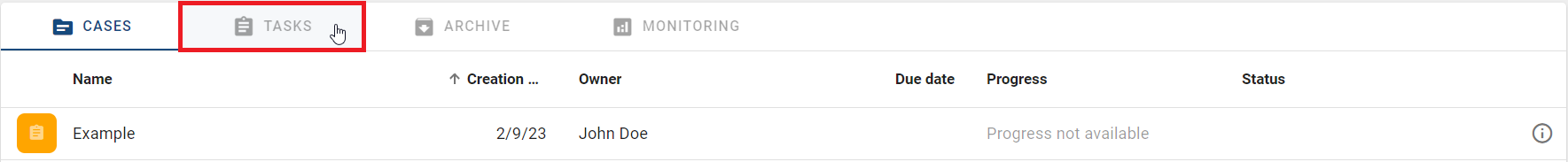 The screenshot shows the "Tasks" tab in the task list of a ProcessApp.