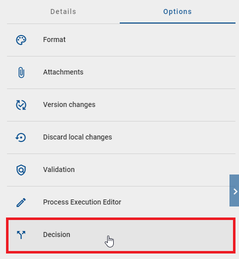 This screenshot shows the "Decision" button in the details tab.