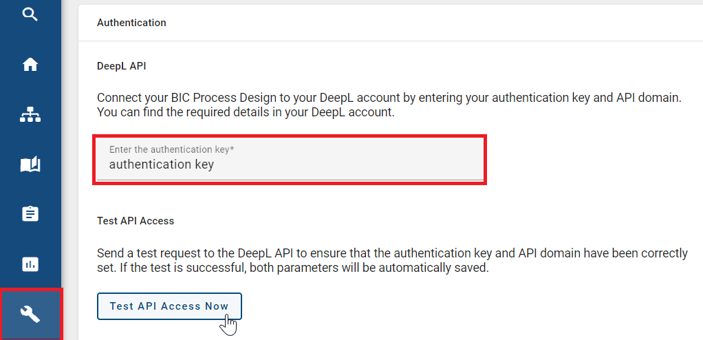 The screenshot shows the authentication of the DeepL API in the administration.