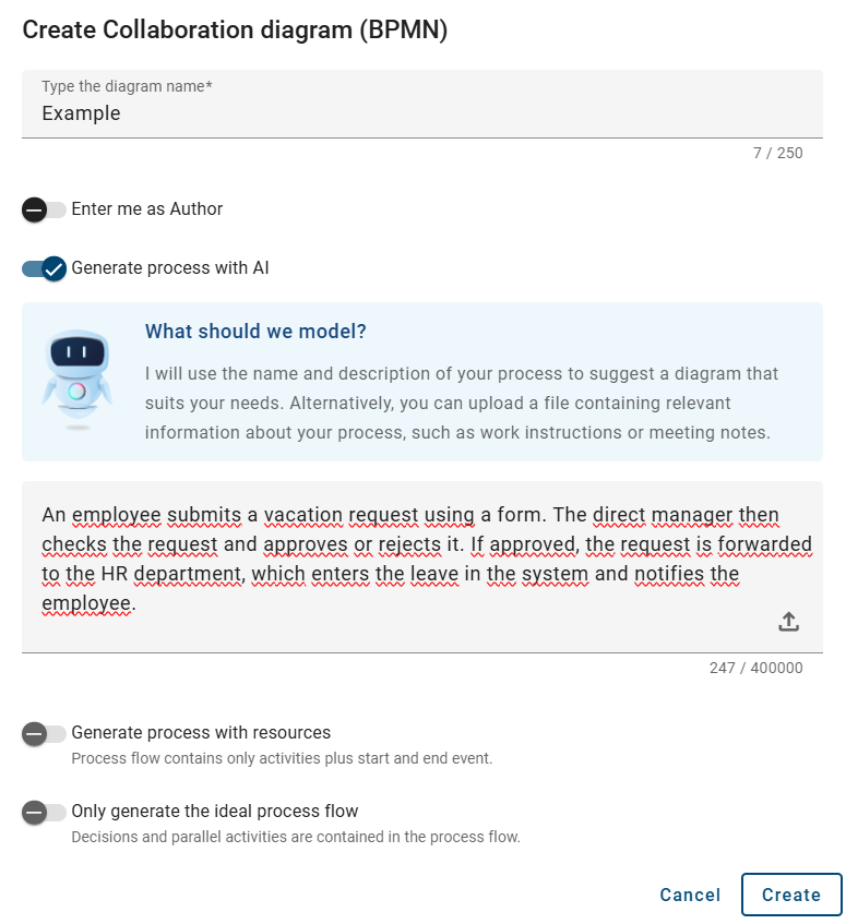 The screenshot shows the possibility to describe your process so that Arty can create a diagram based on your requirements.
