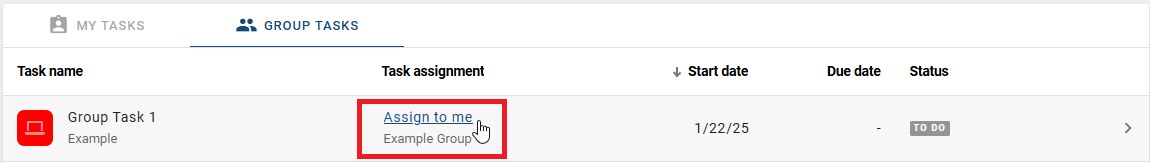 The screenshot shows a group task with a link that you can use to assign the task.