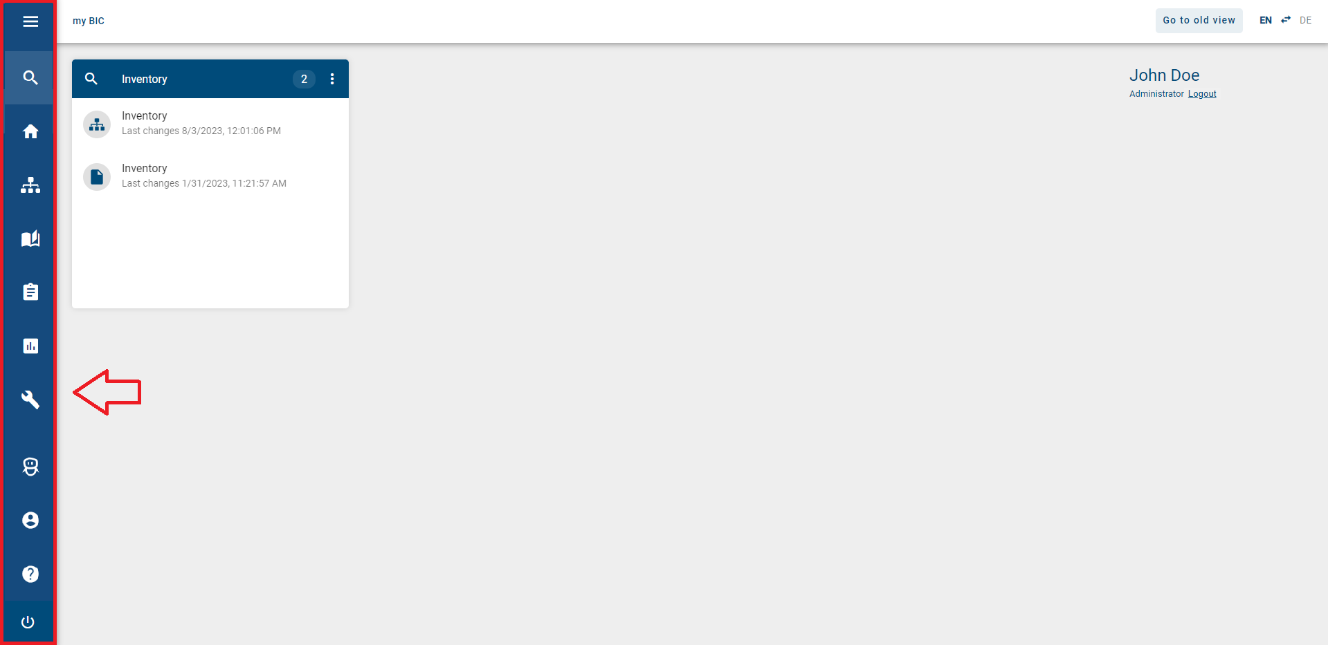 The screenshot shows the menu on the left side of the screen, representing the menu items with icons for each application area.
