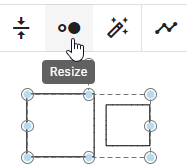 Here, the "Resize" button in the menu bar and two selected object symbols are displayed in the diagram.