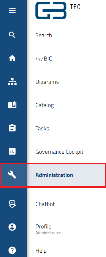The screenshot shows the entry "Administration" in the main menu.