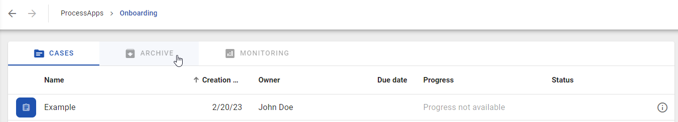 The screenshot shows the tab "Archive" at the case list of a process.