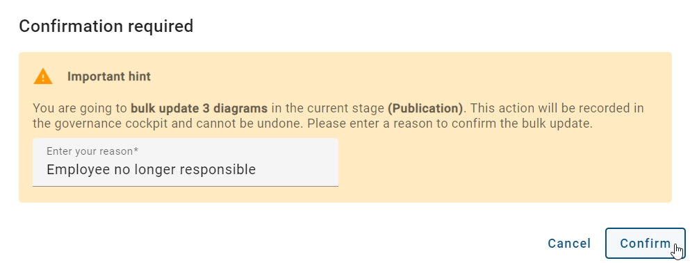 The screenshot shows the confirmation window for updating the bulk edit.