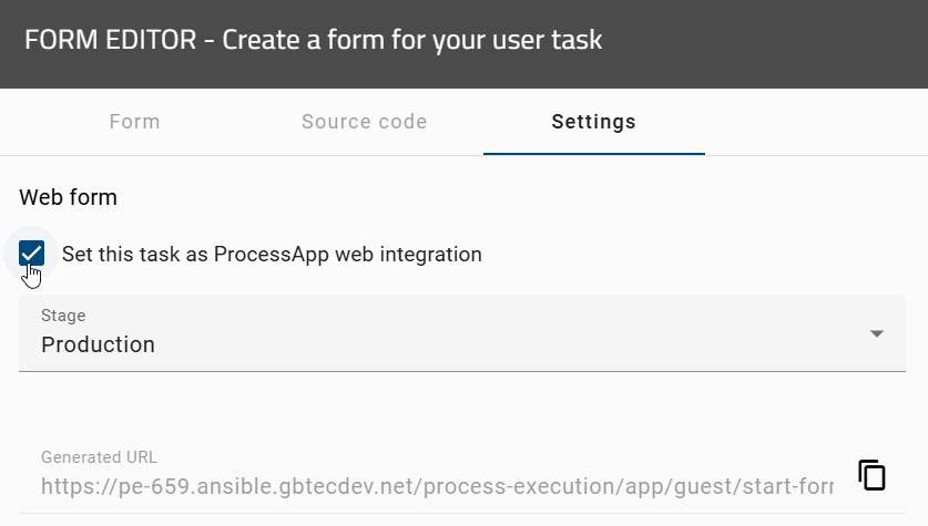 The screenshot shows the settings for the web form in the settings of the form editor.