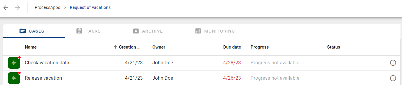 As an example this screenshot shows the case list of a process.