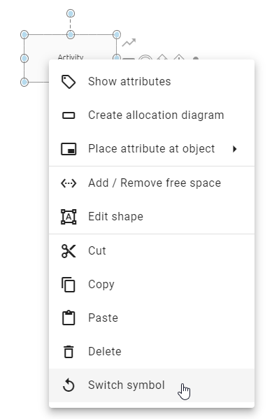 The screenshot shows the context menu of an activity. The courser lies over the option Switch symbol.