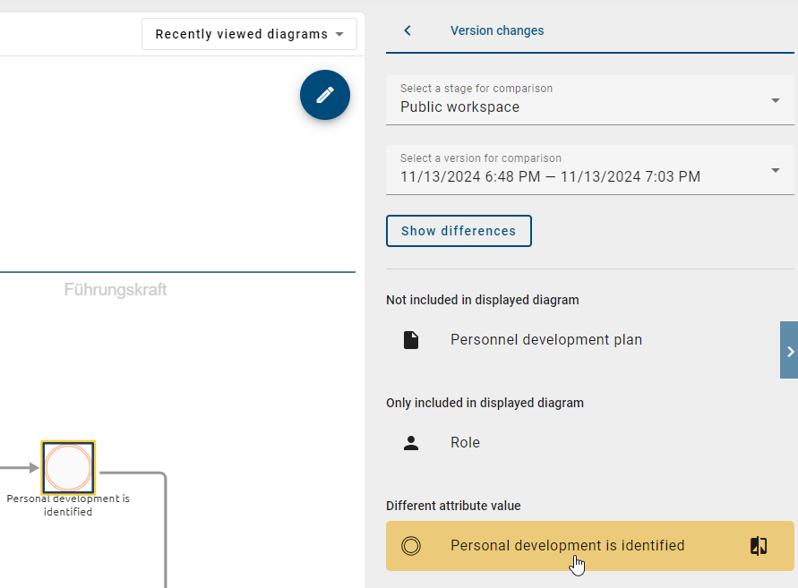 The screenshot shows the marked changes in different colors in the list and diagram.