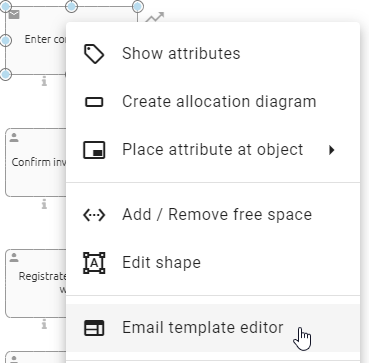 It is displayed how to open the email-template editor in BIC Process Design via the context menu of the activity.