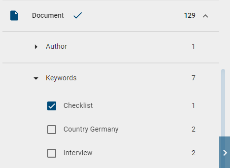 The screenshot shows the filter settings of a facet in the catalog.